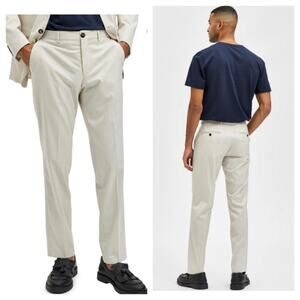 New Selected Homme Men's Mylo Logan Slim Fit Pants in Whitecap Gray 34 x 30